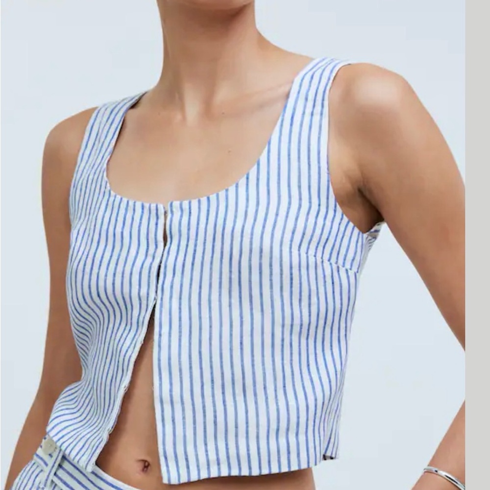 Madewell Women's Scoopneck Crop Tank in 100% Linen Bluestone 14